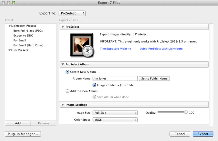 ProSelect Lightroom Plugin Export Window